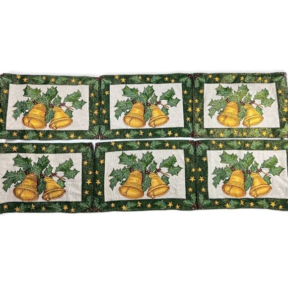 Vintage Christmas Tapestry Placemats  Bells and Holly Set of 6 19" x 13" - Picture 1 of 5